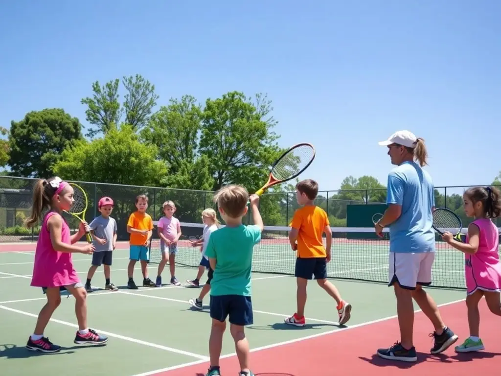 A vibrant image of children participating in a junior tennis clinic, focusing on fun drills and skill-building exercises at TENNIS CLUB DE NERONDES OUROUER.