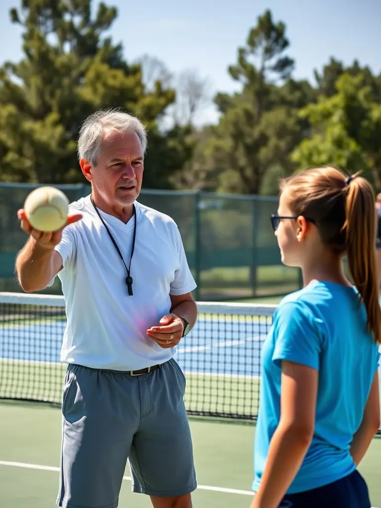 Image of a certified tennis coach providing personalized instruction to a member, emphasizing skill development.