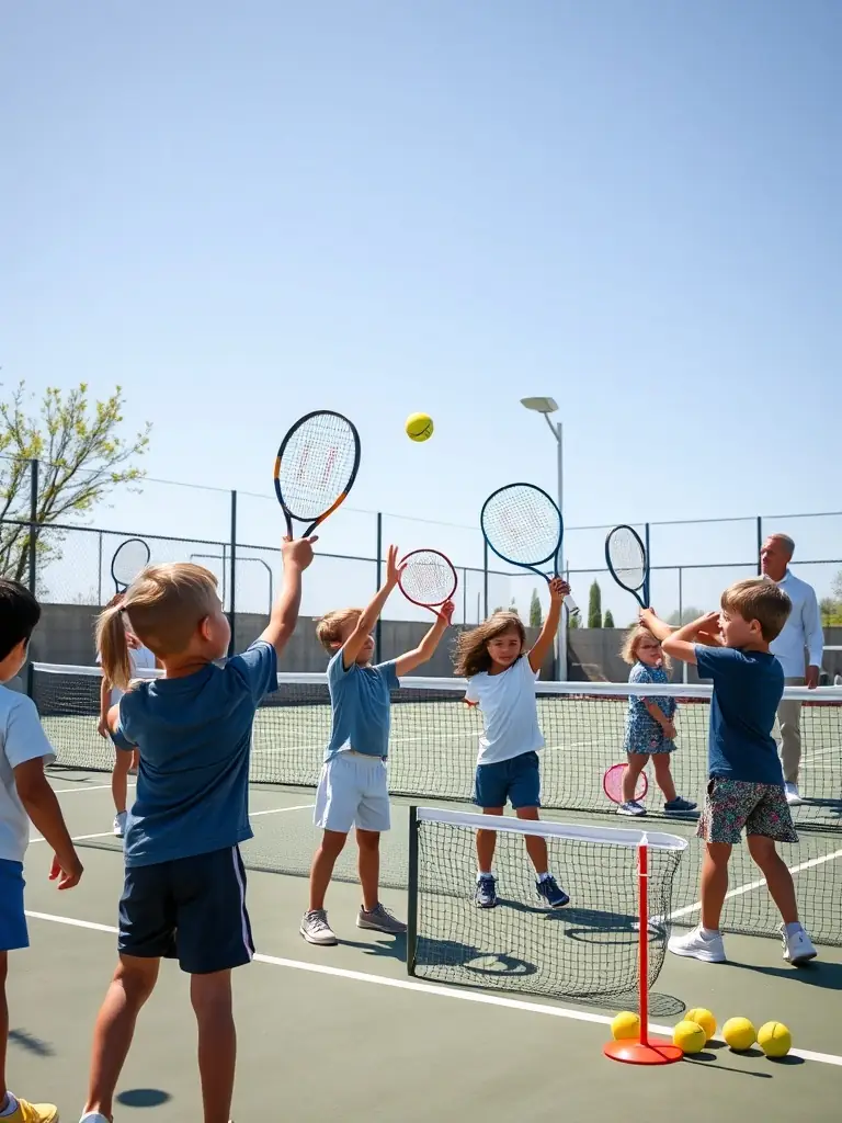 A dynamic shot of a junior tennis clinic in action, with kids practicing forehands under the guidance of a coach at TENNIS CLUB DE NERONDES OUROUER.