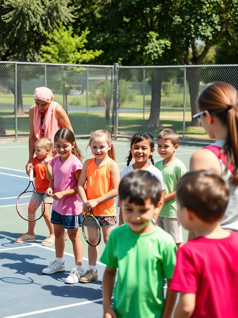 A group of young children participating in a tennis clinic organized by the TENNIS CLUB DE NERONDES OUROUER, with volunteer coaches providing instruction and encouragement.