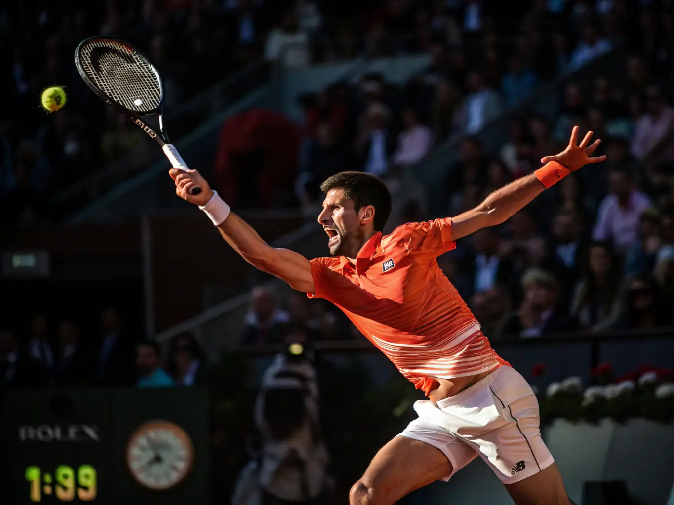 A dynamic shot of a tennis player hitting a powerful forehand during a match, showcasing the physical activity and excitement of the sport at TENNIS CLUB DE NERONDES OUROUER.