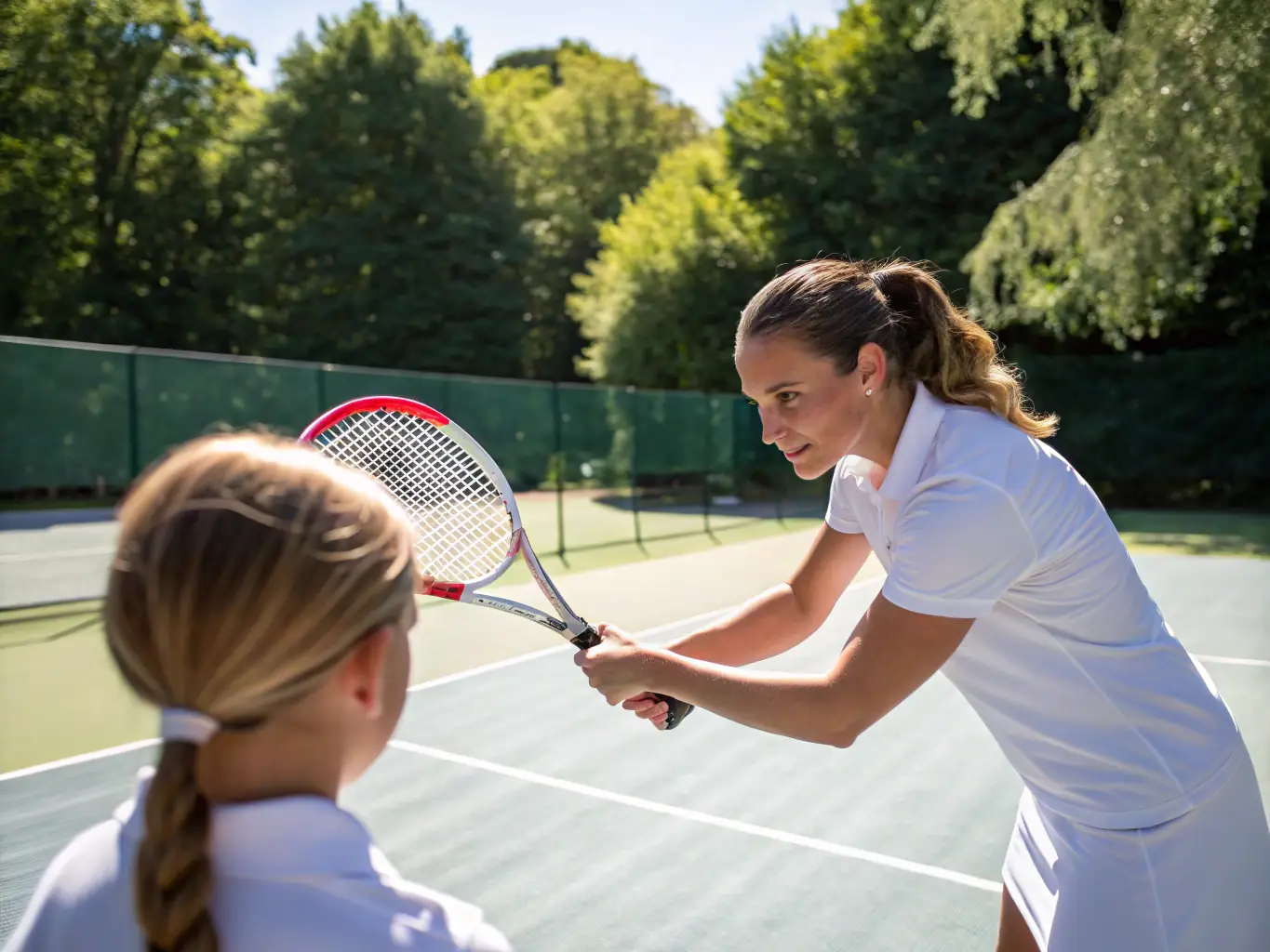 A tennis coach providing personalized instruction to a junior player on the court, focusing on technique and skill development at TENNIS CLUB DE NERONDES OUROUER.