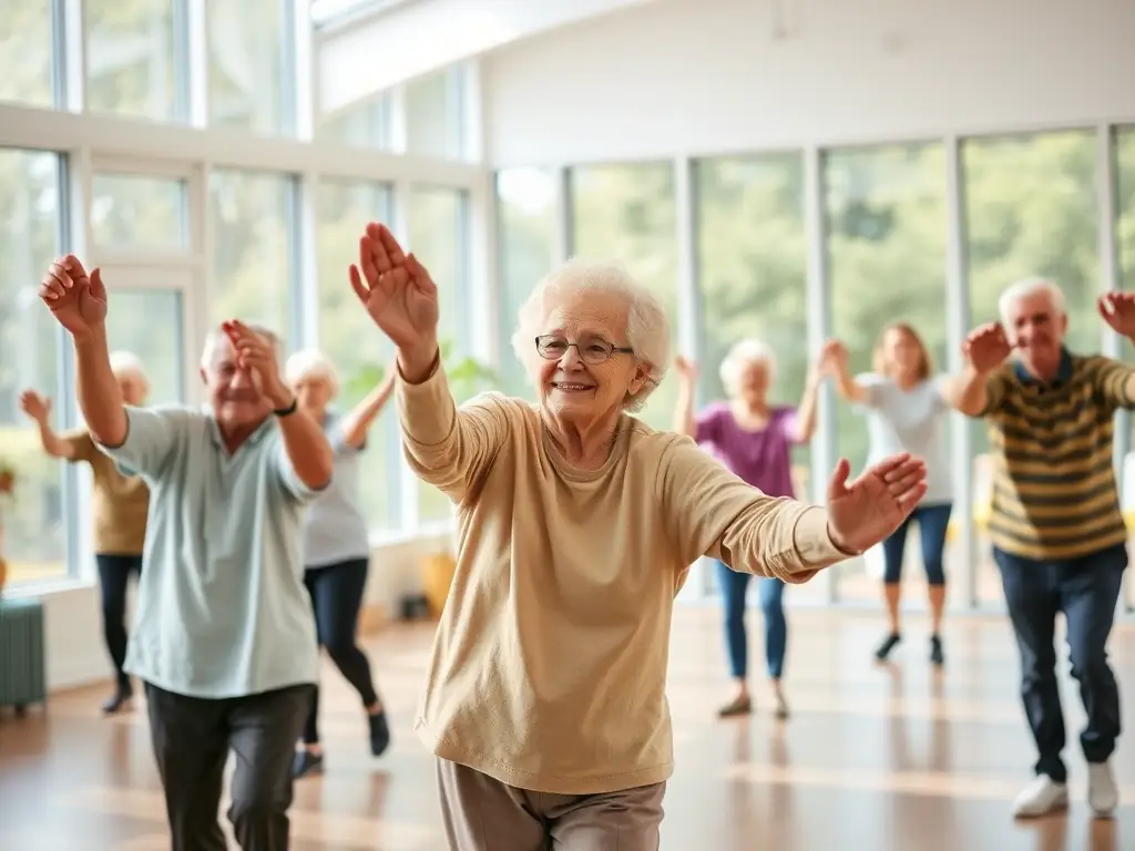 A serene image of a group of seniors participating in a gentle tennis exercise session at TENNIS CLUB DE NERONDES OUROUER.