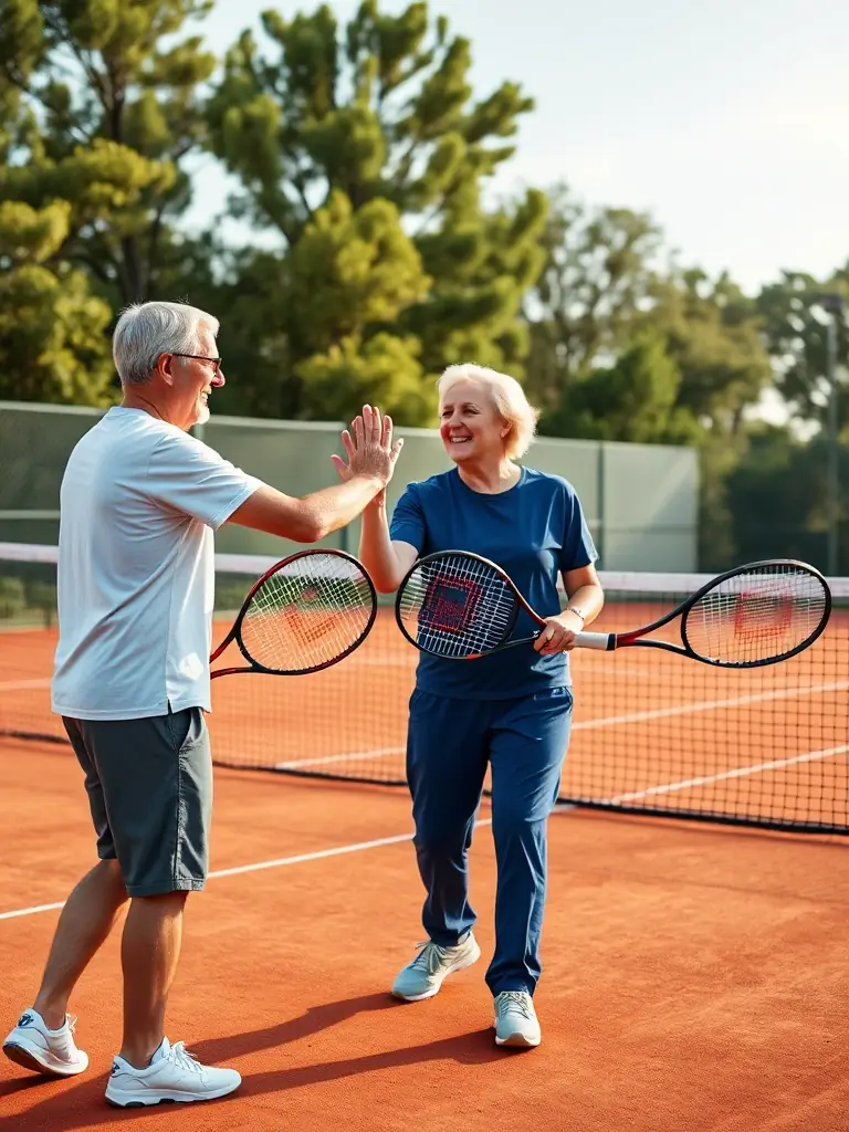 A photo of adult members participating in a doubles match on a sunny day, showcasing the social aspect of tennis at TENNIS CLUB DE NERONDES OUROUER.