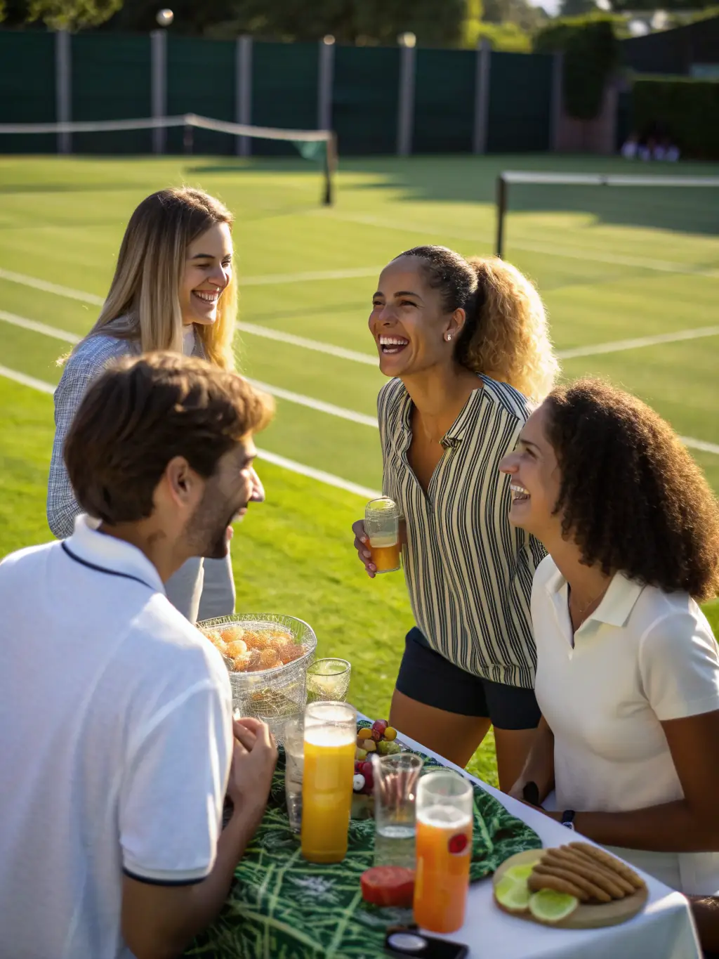 A group of members participating in a social tennis event, enjoying refreshments and camaraderie at TENNIS CLUB DE NERONDES OUROUER.