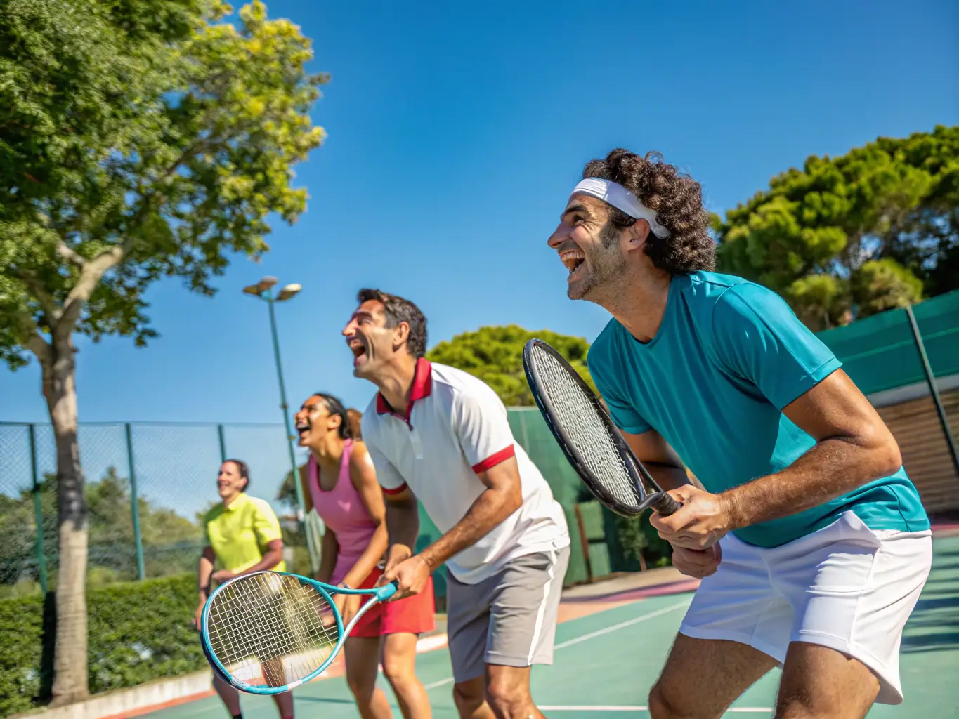 A group of tennis club members of various ages laughing and socializing on the sidelines of a tennis court during a break in a friendly match at TENNIS CLUB DE NERONDES OUROUER.