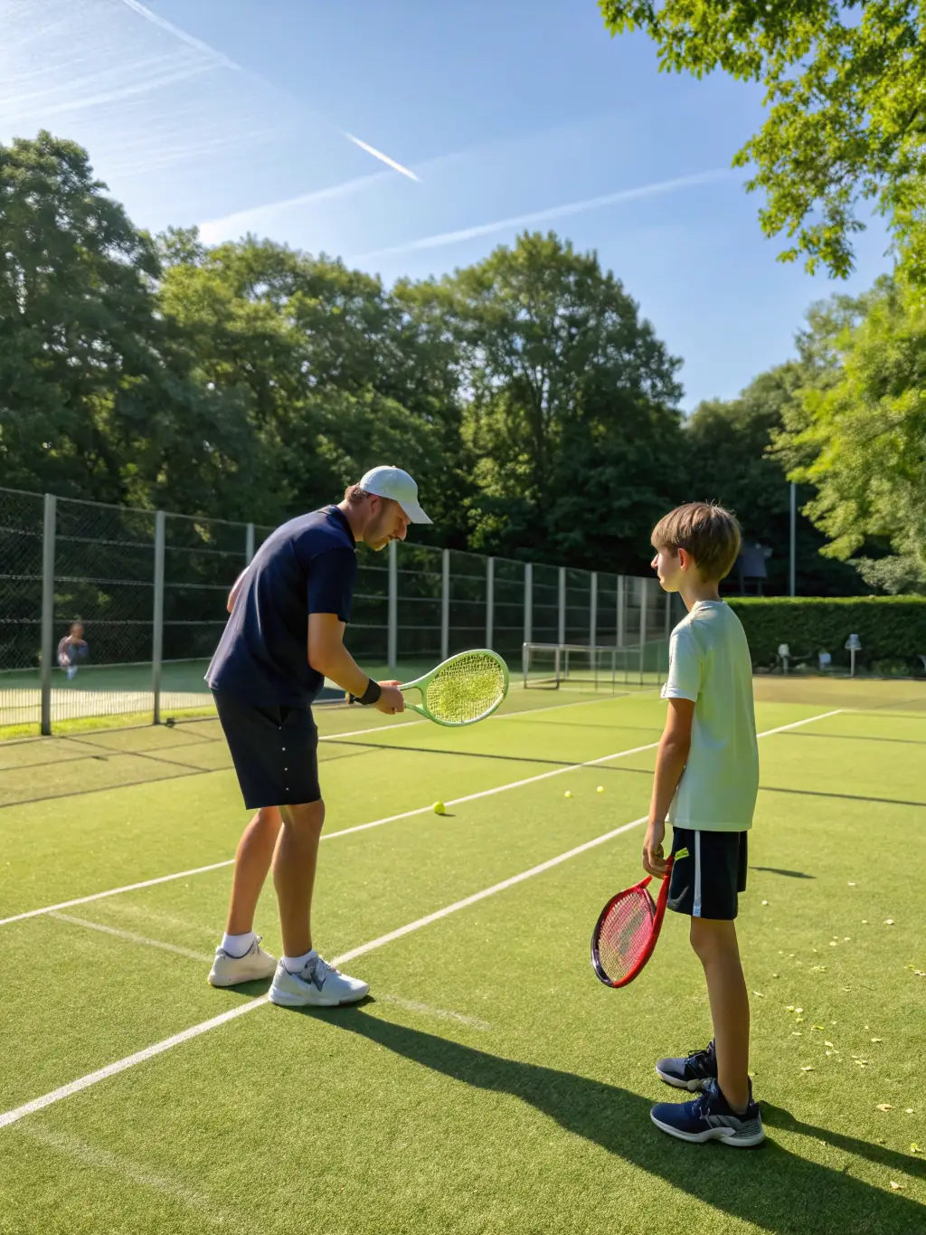 An image of a private tennis lesson, with a coach providing personalized instruction to a player at TENNIS CLUB DE NERONDES OUROUER.