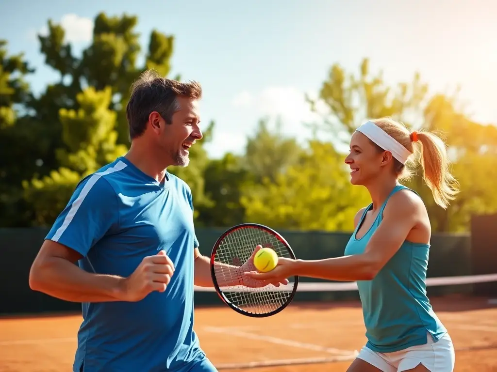 A dynamic image of adult players engaged in a competitive doubles match on a clay court at TENNIS CLUB DE NERONDES OUROUER.