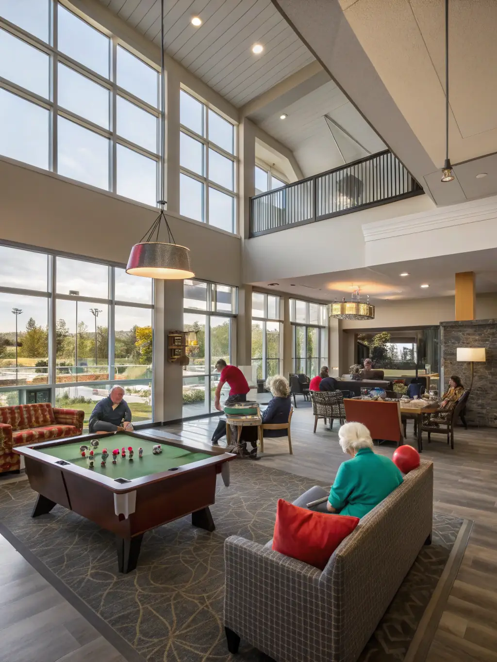 A modern tennis clubhouse interior at TENNIS CLUB DE NERONDES OUROUER, featuring comfortable seating, clean changing rooms, and a welcoming atmosphere for members.