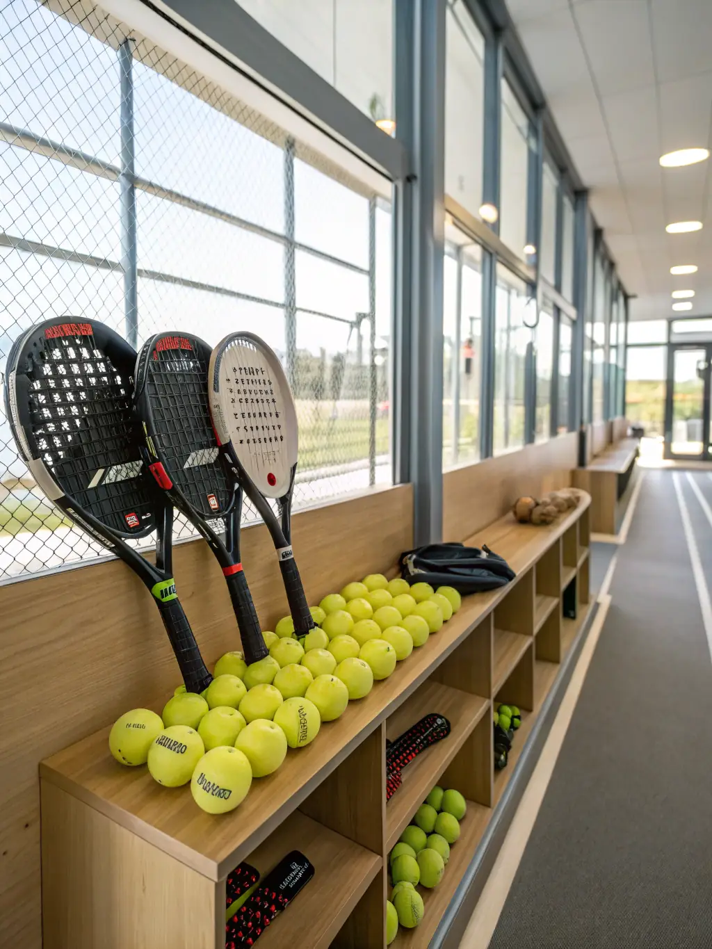 High-quality tennis equipment available for use at TENNIS CLUB DE NERONDES OUROUER, including rackets, balls, and training aids, neatly organized and ready for players.